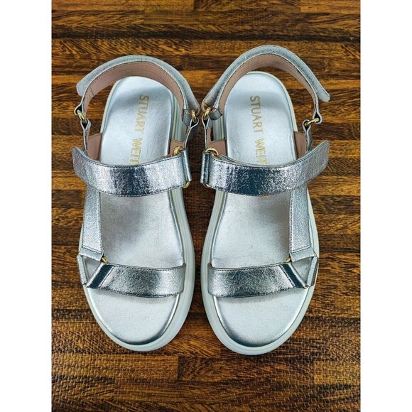 Stuart Weitzman Women’s Zoelie Silver Metallic Leather Platform Sandals Size 7 - Picture 4 of 8
